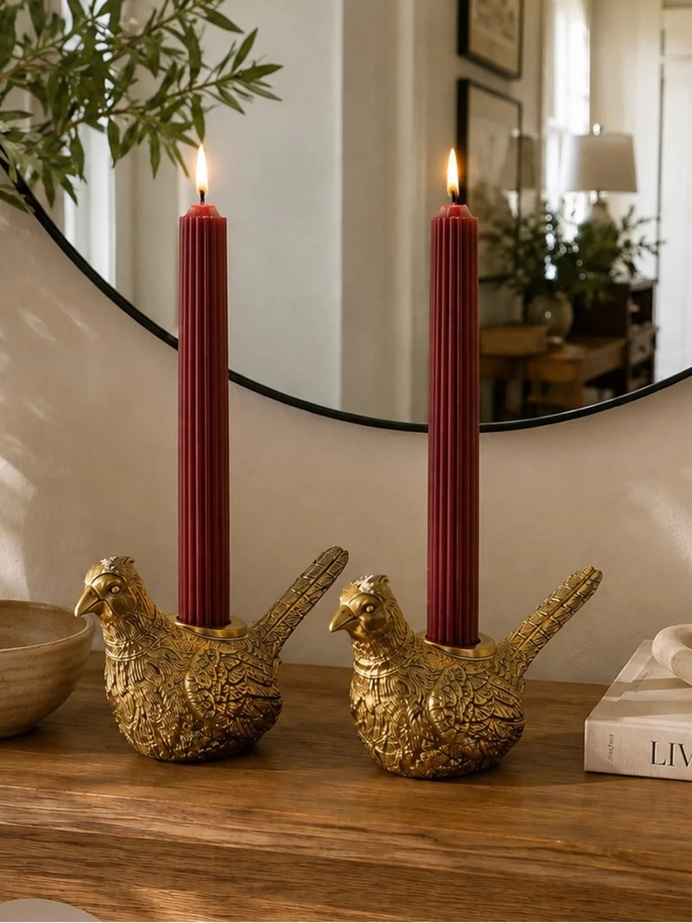 Target Bullseye Gold Bird Taper Candle Holders Set of 2 w/ Maroon Candles